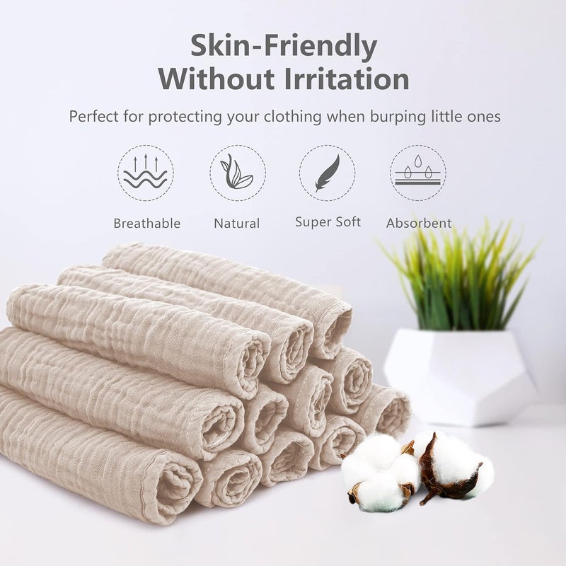 SWEET DOLPHIN 12 Pack Muslin Burp Cloths Large 100% Cotton Hand Washcloths for Baby - Baby Essentials Extra Absorbent and Soft Boys & Girls Milk Spit Up Rags for Newborn Registry - Brown, 20" X10" - Image 2